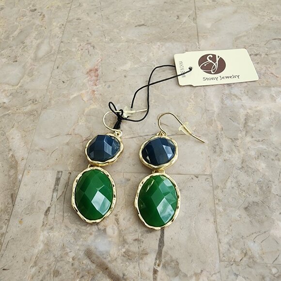 Stony Navy Blue and Green Drop Earrings - Picture 1 of 6